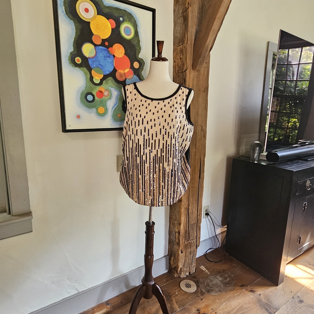 Anthropologie Cream and Tan Embellished Boxy Tank Top